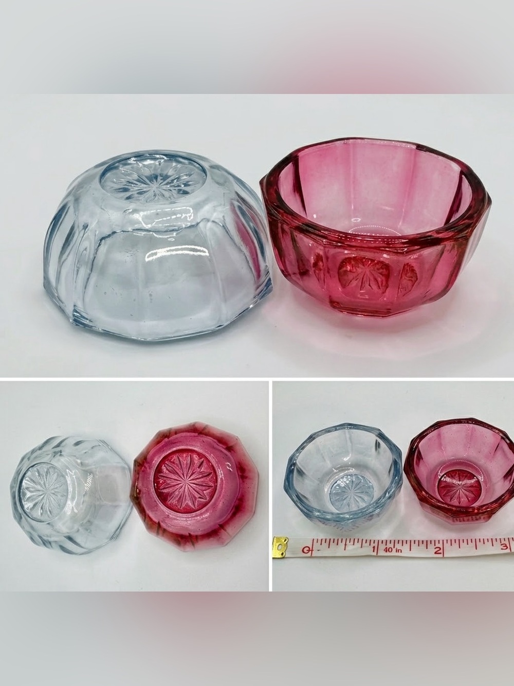 Vintage Pressed Glass Open Salt Cellars Set of 2 Pink Amethyst Clear Starburst
